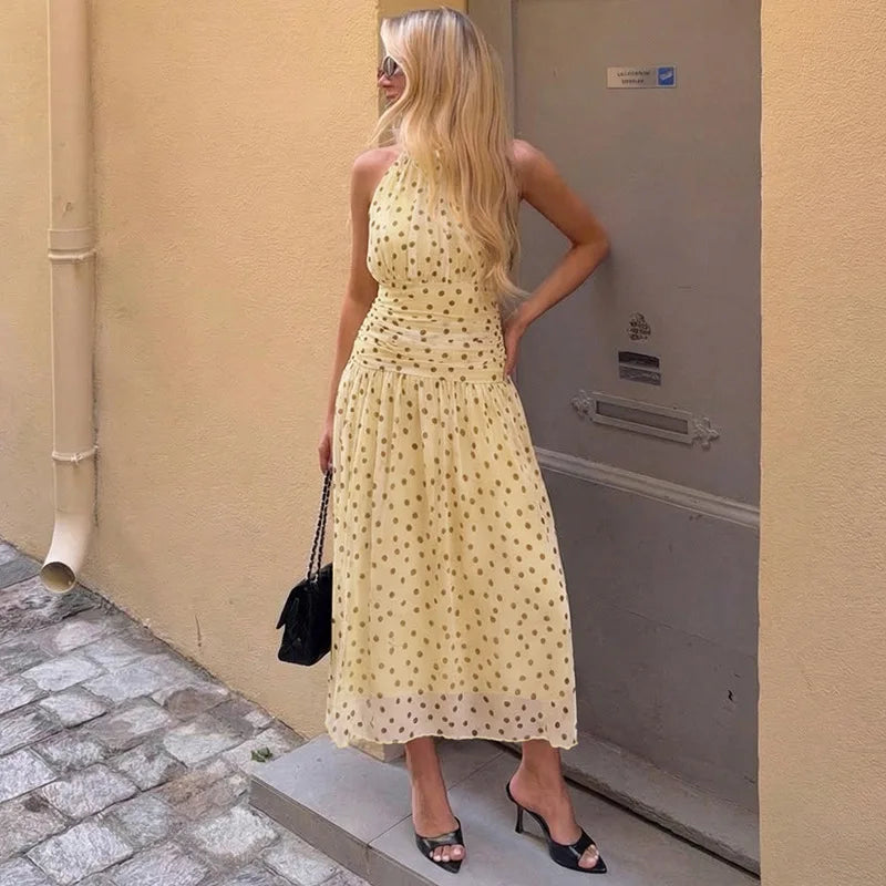 Robe longue dos nu à pois pour femmes