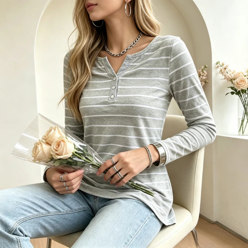 T-shirt Rayé Femme – Coupe Ajustée et Manches Longues