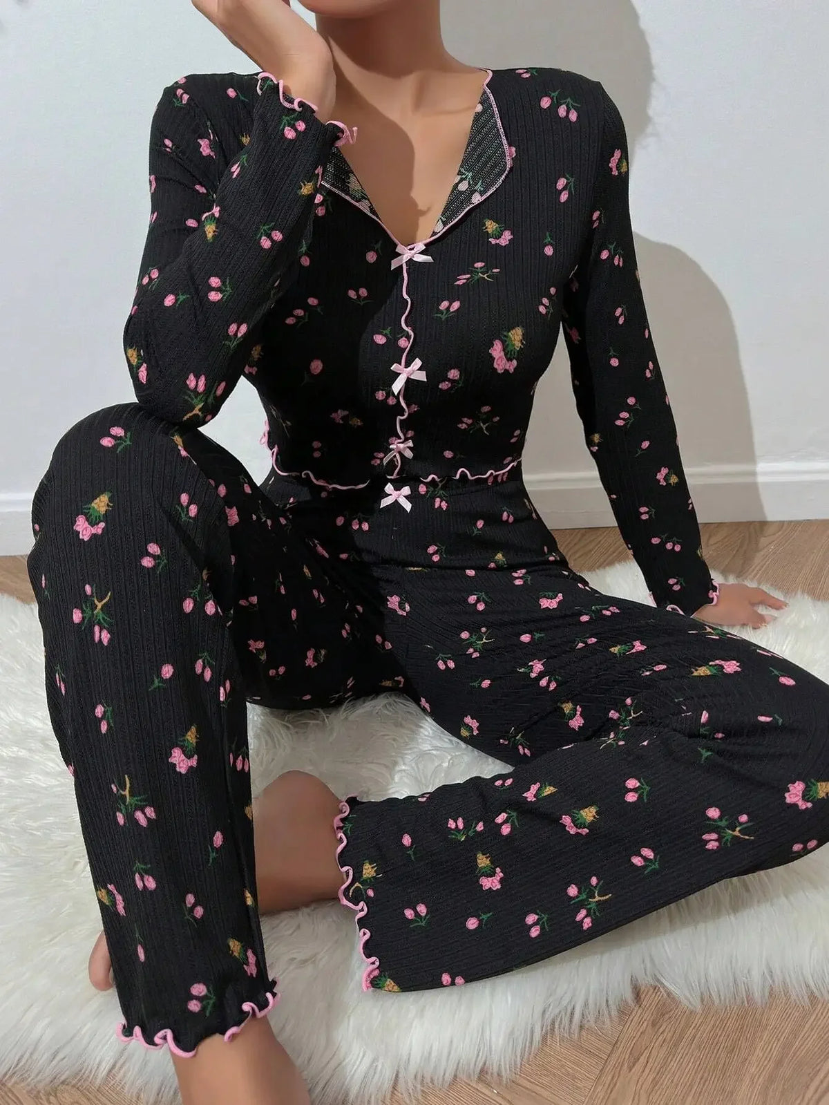 Pyjama Fleuri Femme – Haut Manches Longues et Pantalon