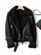Manteau d'hiver élégant en suède avec fausse fourrure d'agneau pour femmes