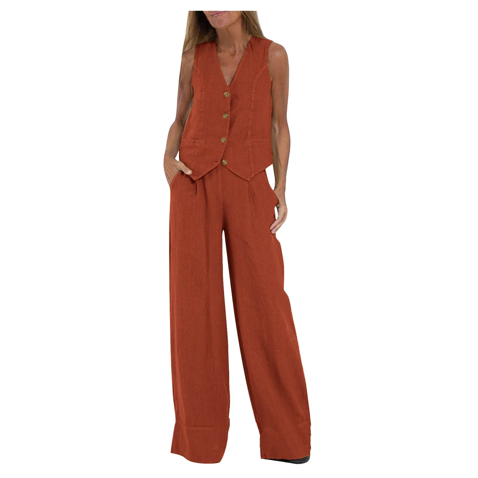 Ensemble deux pièces débardeur et pantalon en coton et lin pour femmes