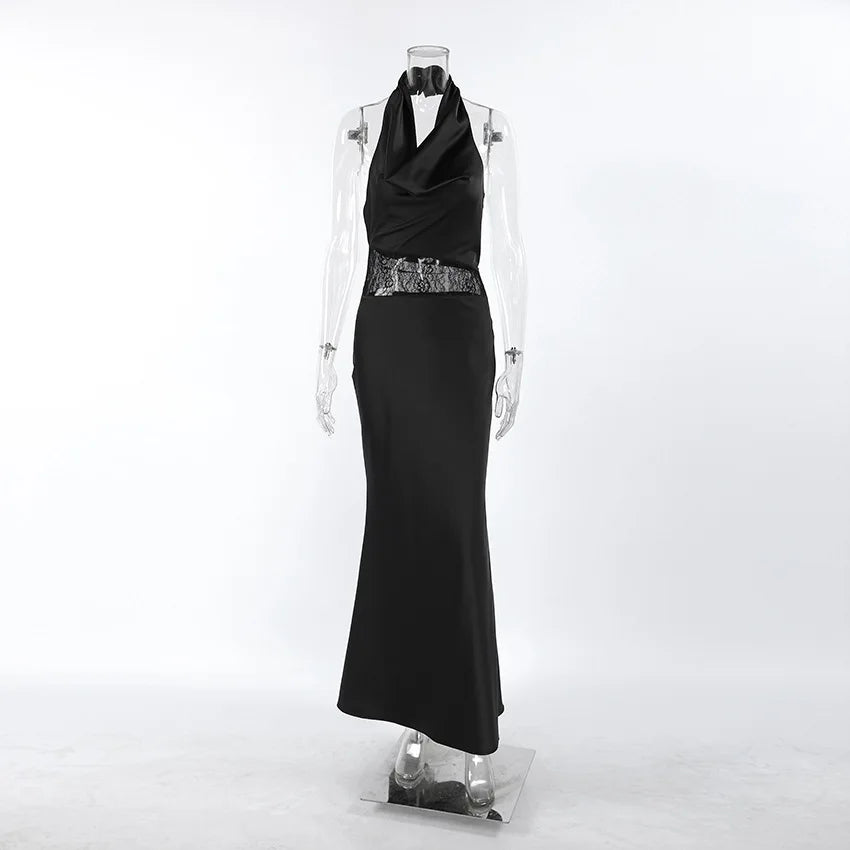 Robe Longue Noire Femme – Col Bénitier, Dos Nu et Dentelle