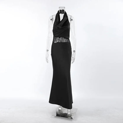 Robe Longue Noire Femme – Col Bénitier, Dos Nu et Dentelle