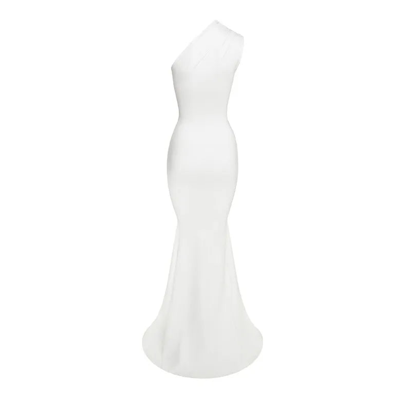 Robe longue cintrée à col diagonal pour femmes