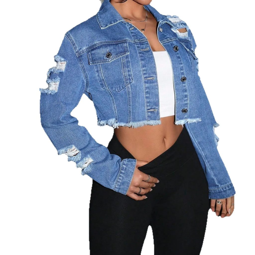Veste en Jean Courte Délavée et Déchirée – Style Streetwear Tendance pour Femmes