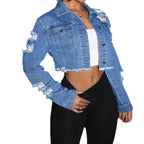 Veste en Jean Courte Délavée et Déchirée – Style Streetwear Tendance pour Femmes