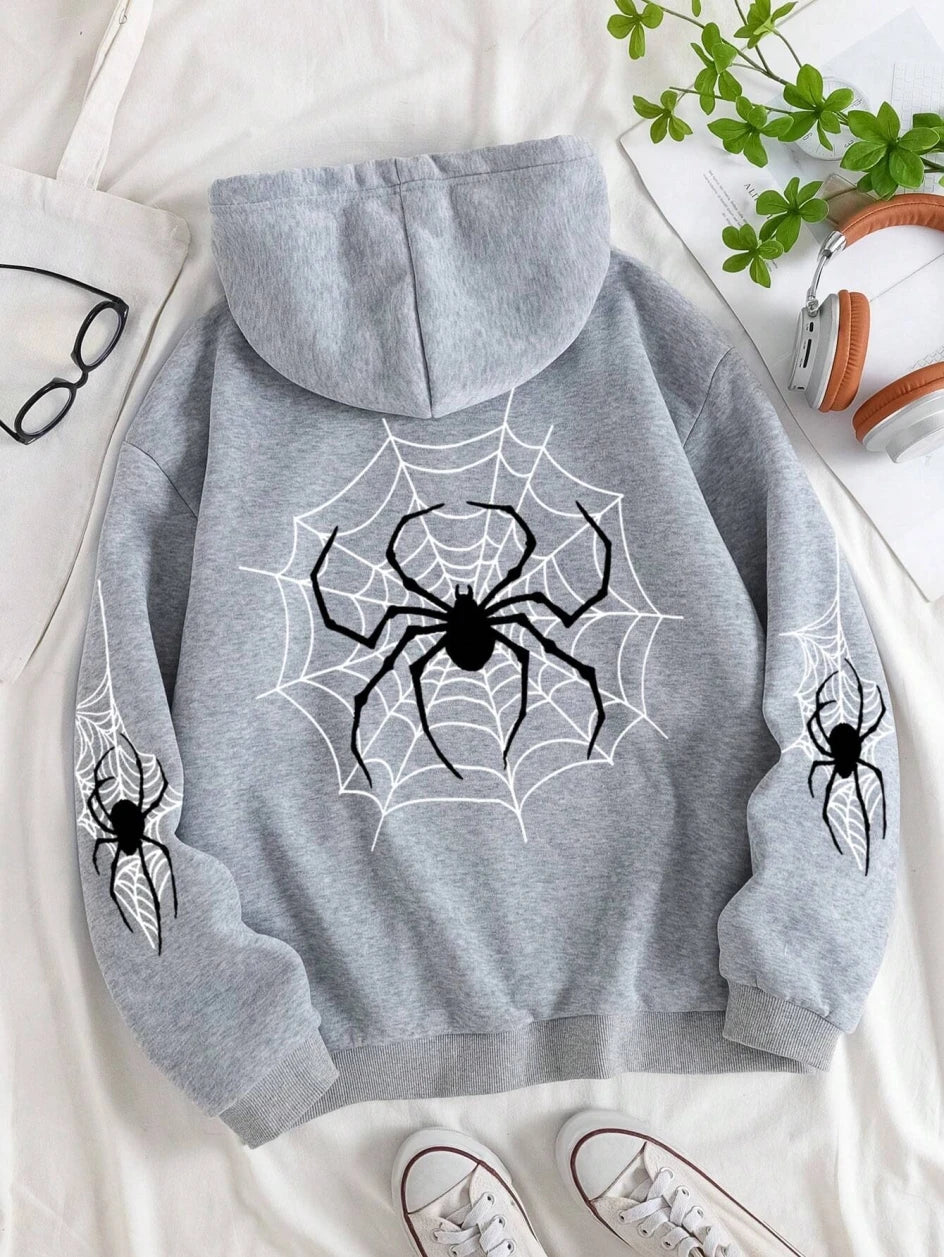 Sweat à capuche imprimé araignées et toile d'araignée pour femmes