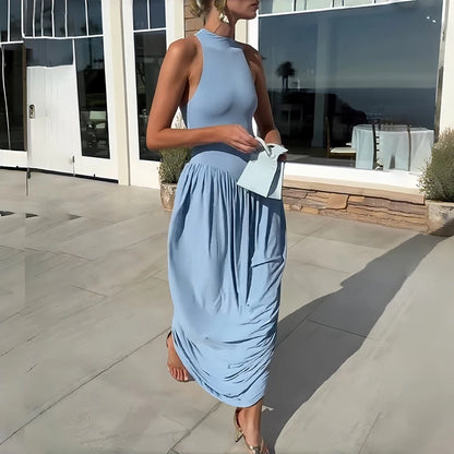 Robe Longue Fendue Femme – Sans Manches et Plissée