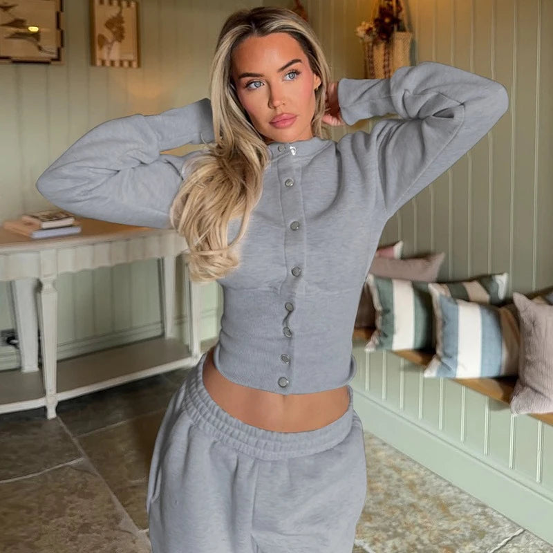 Ensemble deux pièces cardigan boutonné et pantalon large pour femmes