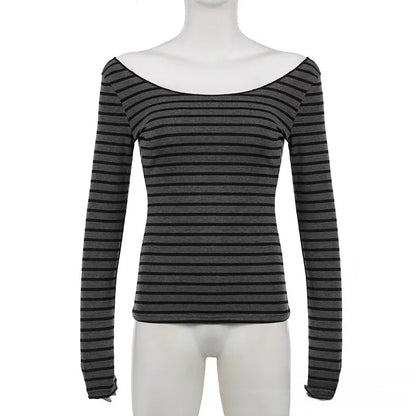 T-shirt Rayé Femme – Col V et Manches Longues