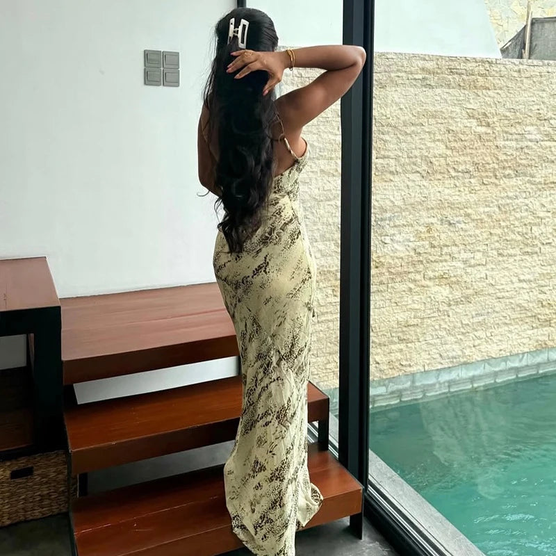 Robe femme longue imprimée sans manches et dos nu