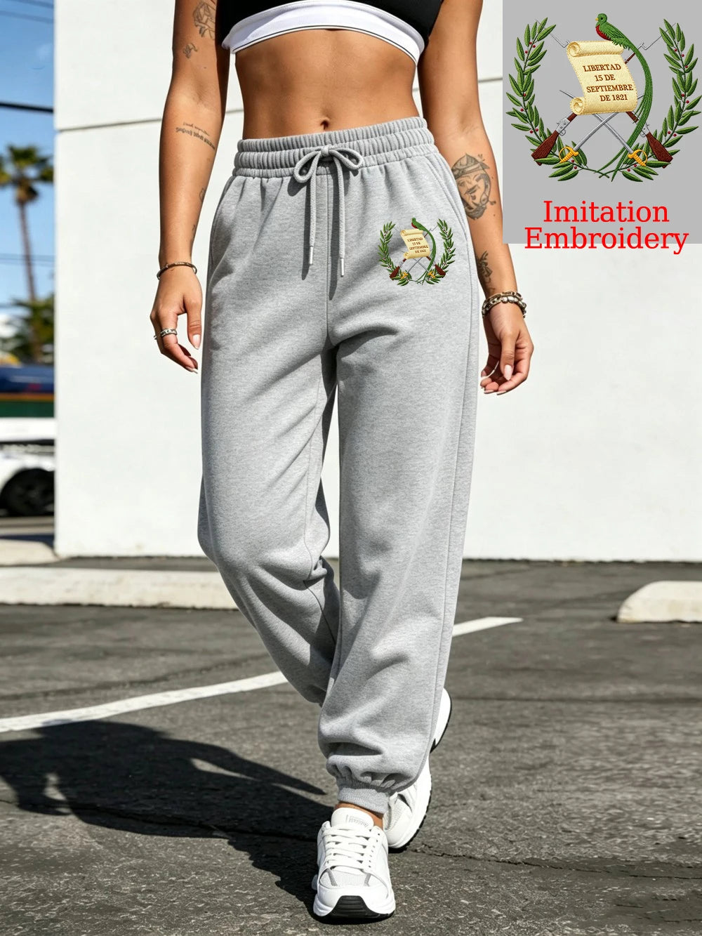 Pantalon de jogging basique en polaire à taille élastique et imprimé emblème du Guatemala pour femmes