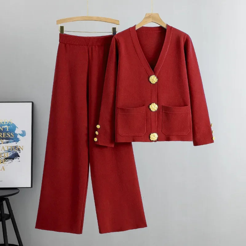 Ensembles de pulls en tricot et pantalon ample taille haute pour femmes