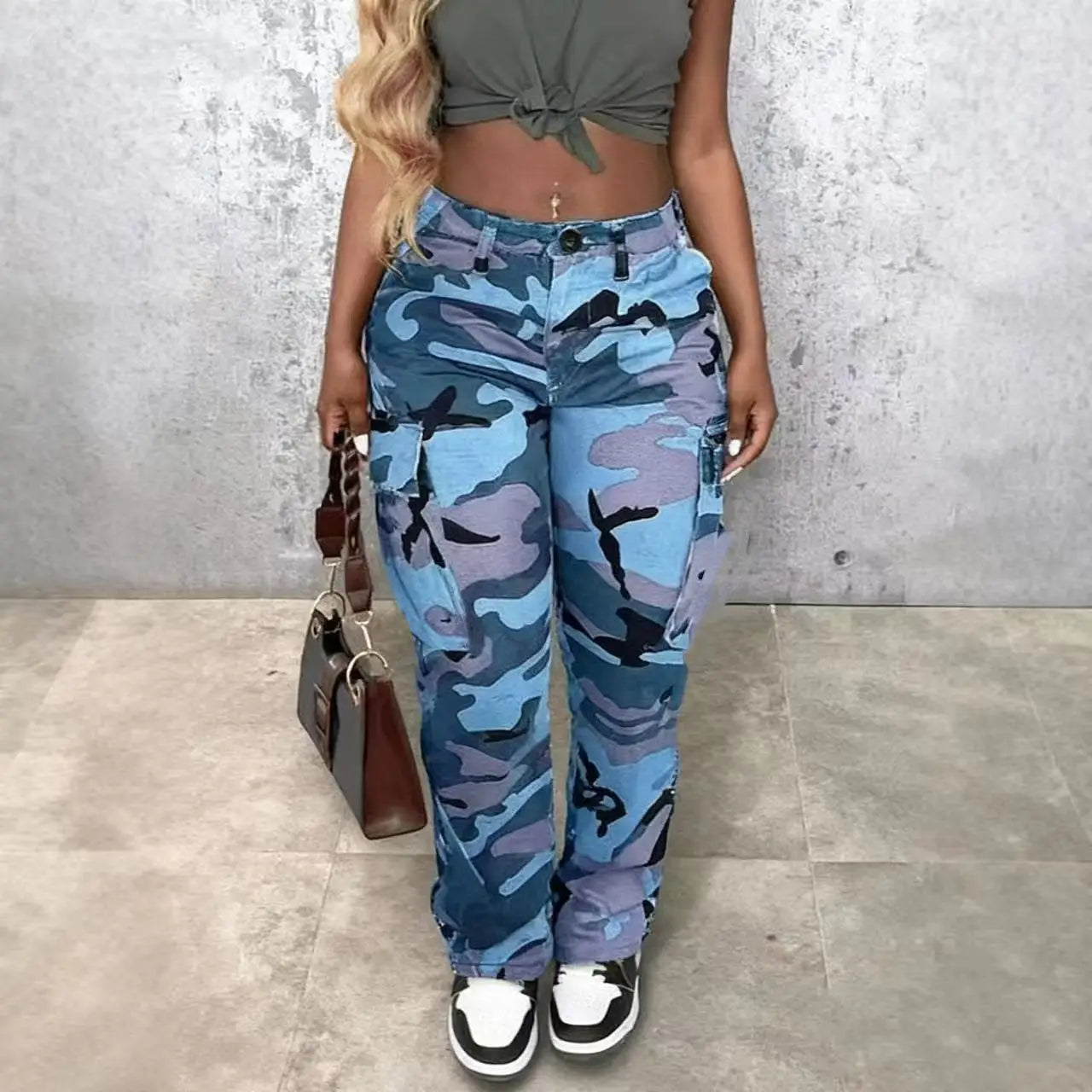 Pantalon droit camouflage classique multi-poches pour femmes