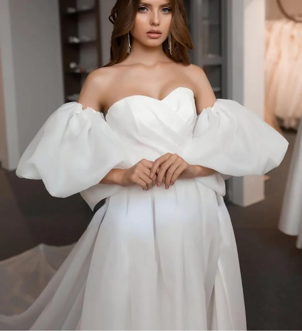 Robe de mariée princesse en tulle simple avec manches bouffantes pour femmes