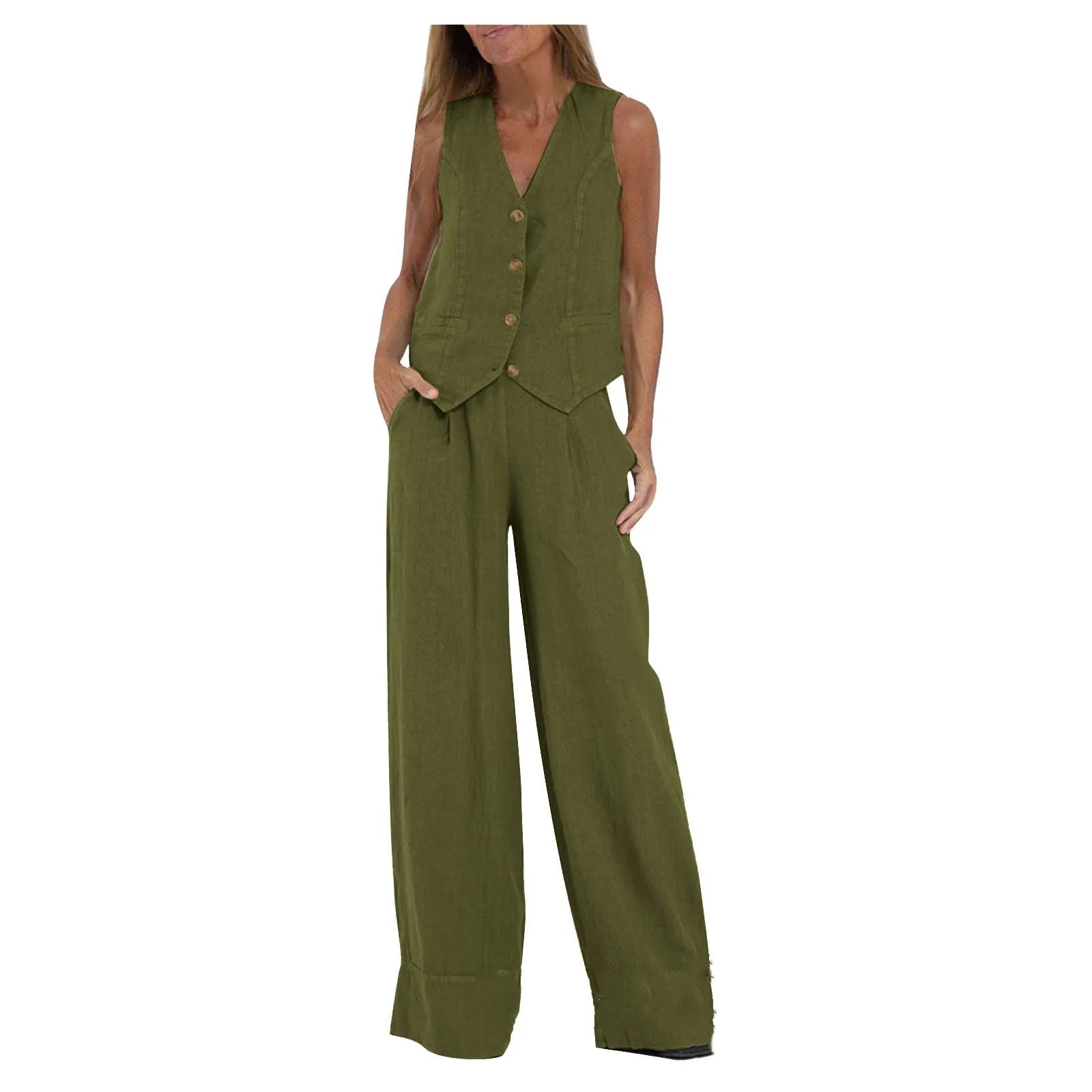Ensemble deux pièces débardeur et pantalon en coton et lin pour femmes