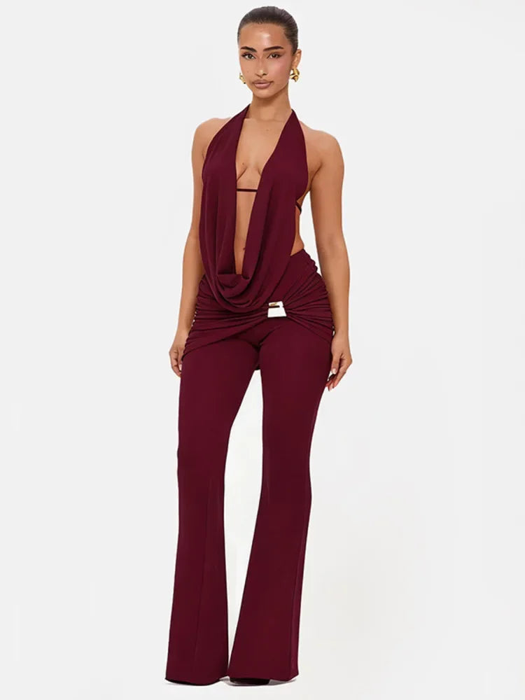 Ensemble pantalon long et haut court dos nu à col V pour femmes