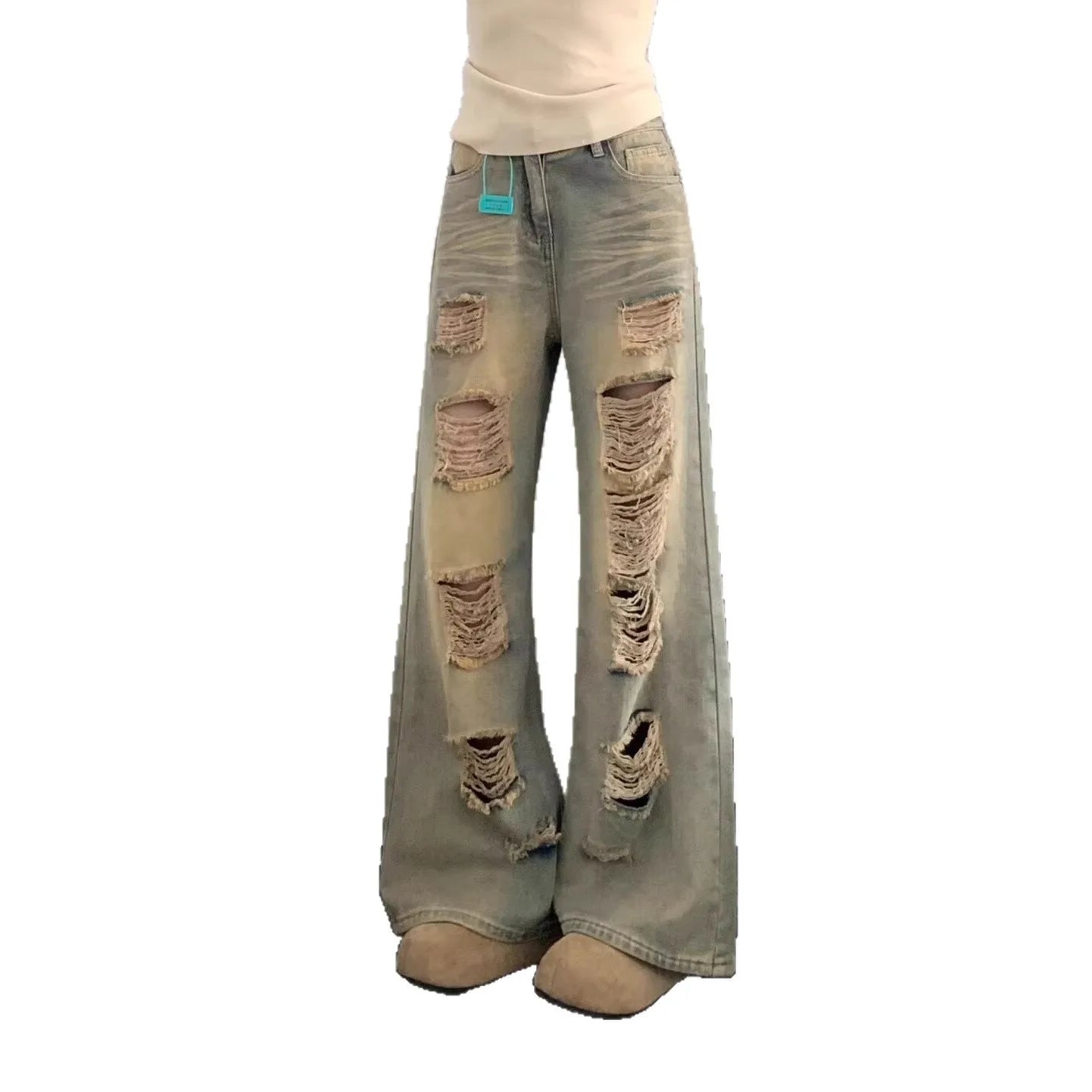 Jean en denim délavé et vieilli style rétro pour femmes
