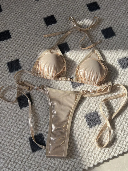 Maillot de Bain 2 Pièces Femme – Effet Cuir PU, Push-Up et String