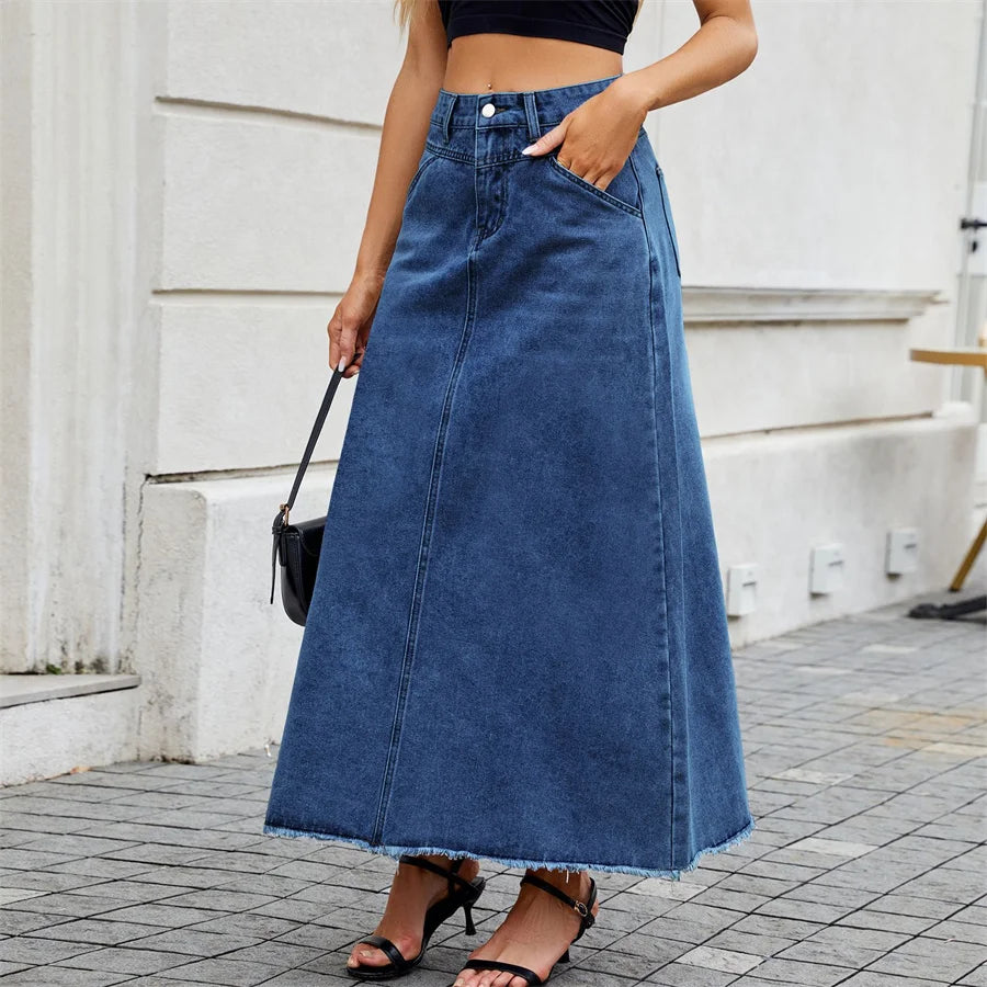Jupe longue en jean vintage à poches amples et ourlet brut pour femmes
