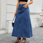 Jupe longue en jean vintage à poches amples et ourlet brut pour femmes
