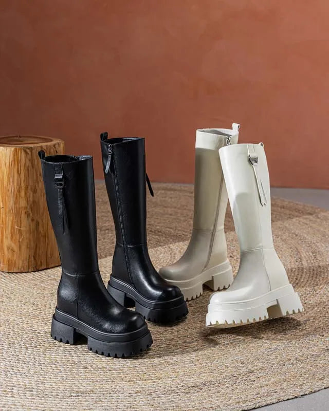 Bottes hautes en cuir véritable à plate-forme pour femmes