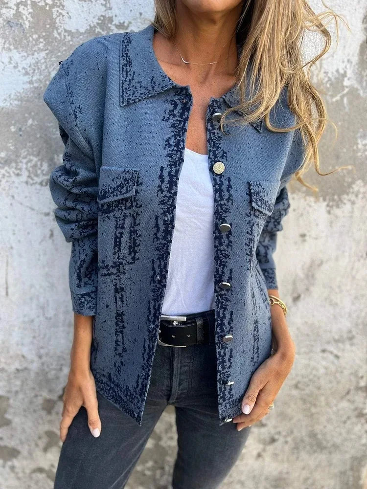Veste en tricot à col rabattu multicolore avec boucle métallique pour femmes
