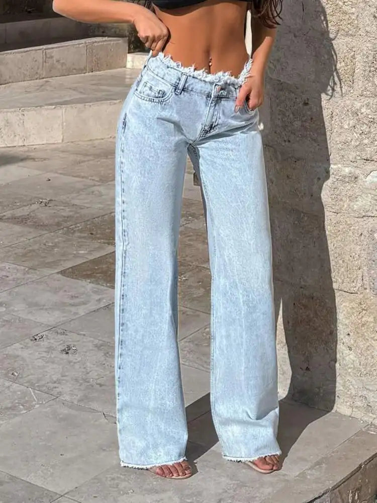 Jean ample style américain à jambe large et franges pour femmes