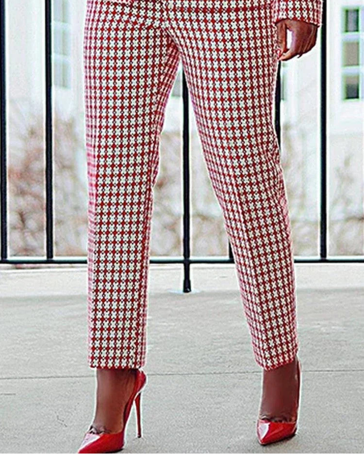 Ensemble deux pièces blazer et pantalon pied-de-poule élégant pour femmes