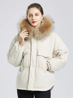 Manteau courte à capuche en fourrure de raton laveur véritable pour femmes