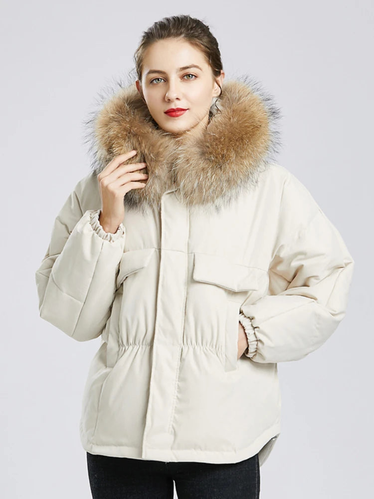 Manteau courte à capuche en fourrure de raton laveur véritable pour femmes