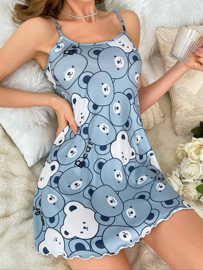 Nuisette Courte Femme – Imprimé Ours et Volants
