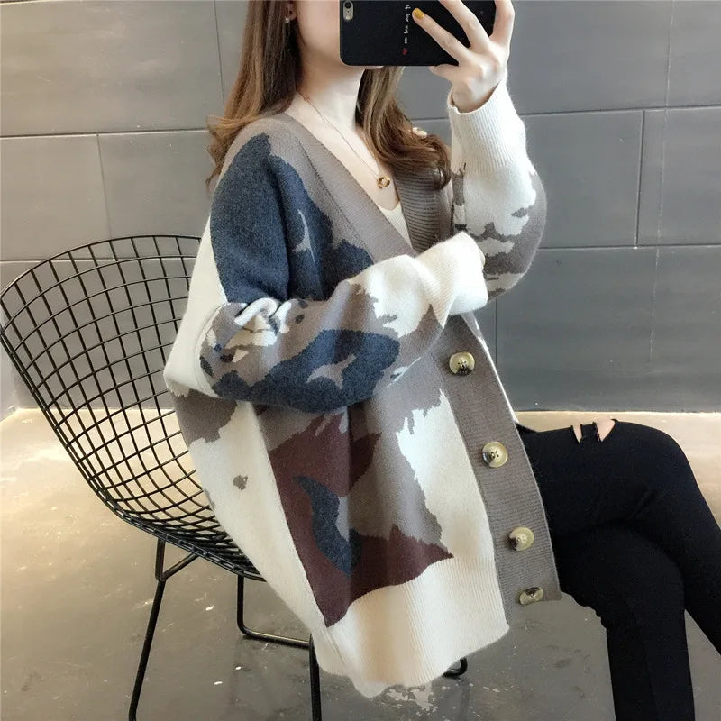 Cardigan tricoté imprimé couleur bloquée pour femmes