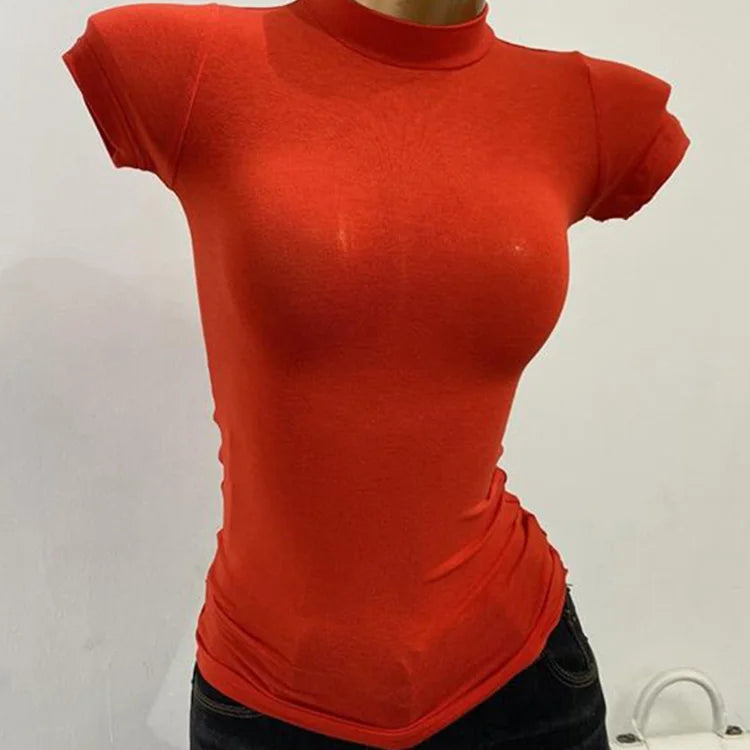T-shirt à col mi-haut transparent à manches courtes pour femmes