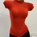 T-shirt à col mi-haut transparent à manches courtes pour femmes