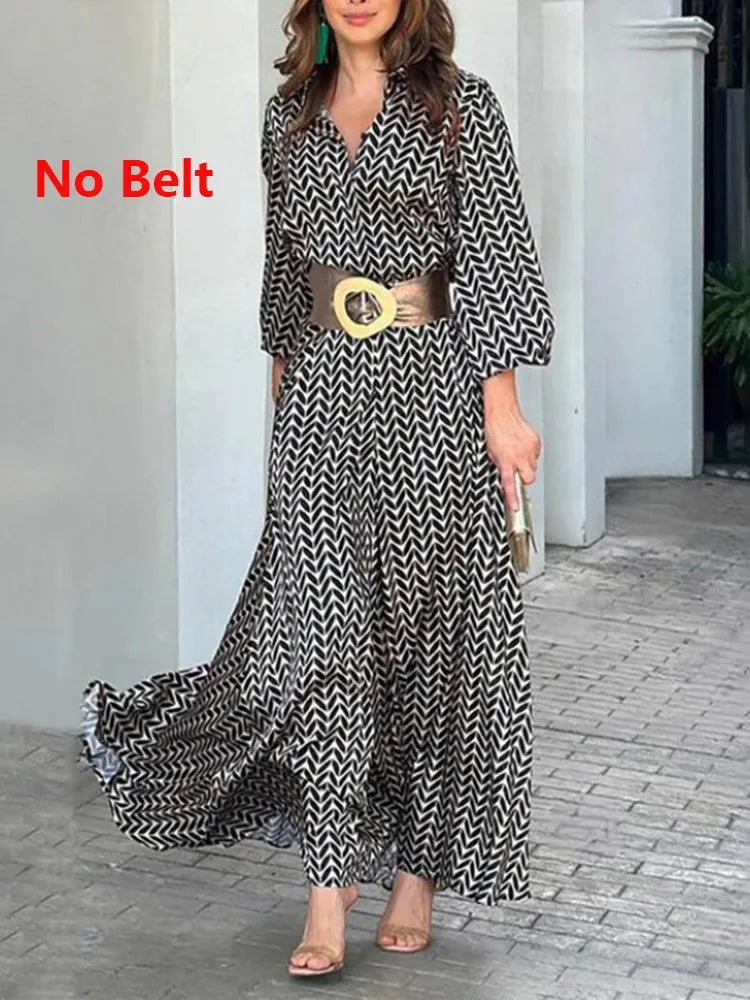 Robe longue noire imprimée à col en V pour femmes