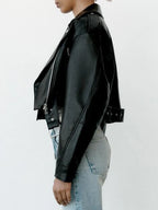 Veste faux cuir Pu courte avec ceinture pour femmes