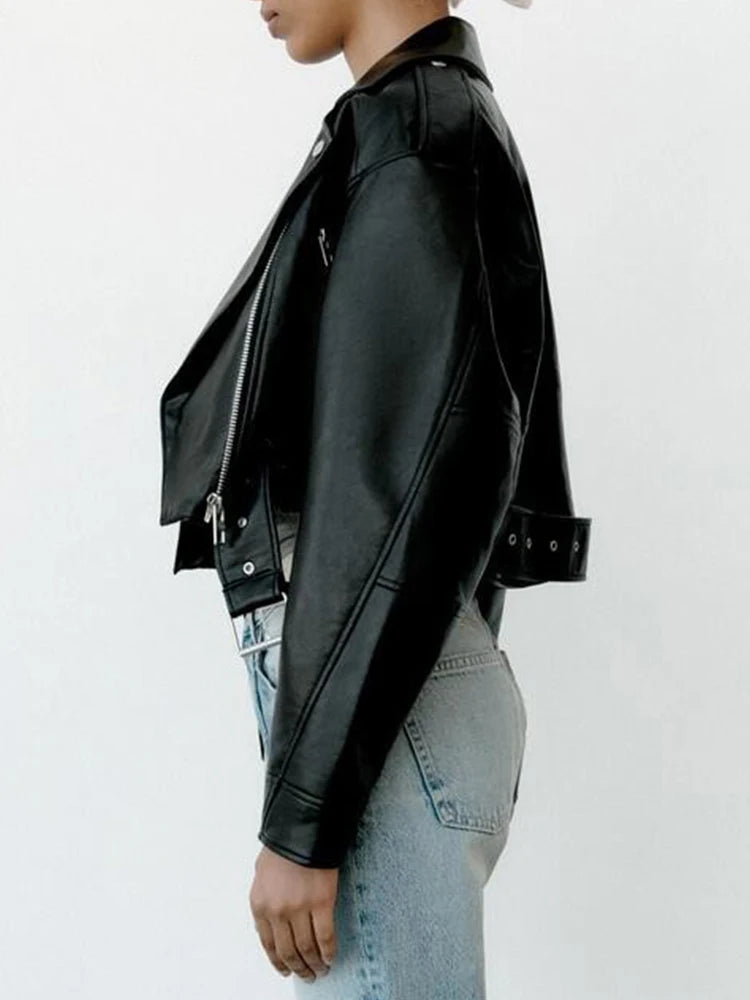 Veste faux cuir Pu courte avec ceinture pour femmes