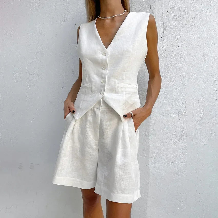 Ensemble débardeur et short en coton et lin pour femmes