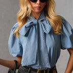 Chemise en jean à manches lanternes amples pour femmes