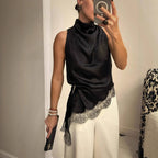 Gilet en soie asymétrique sexy avec empiècements en dentelle pour femmes