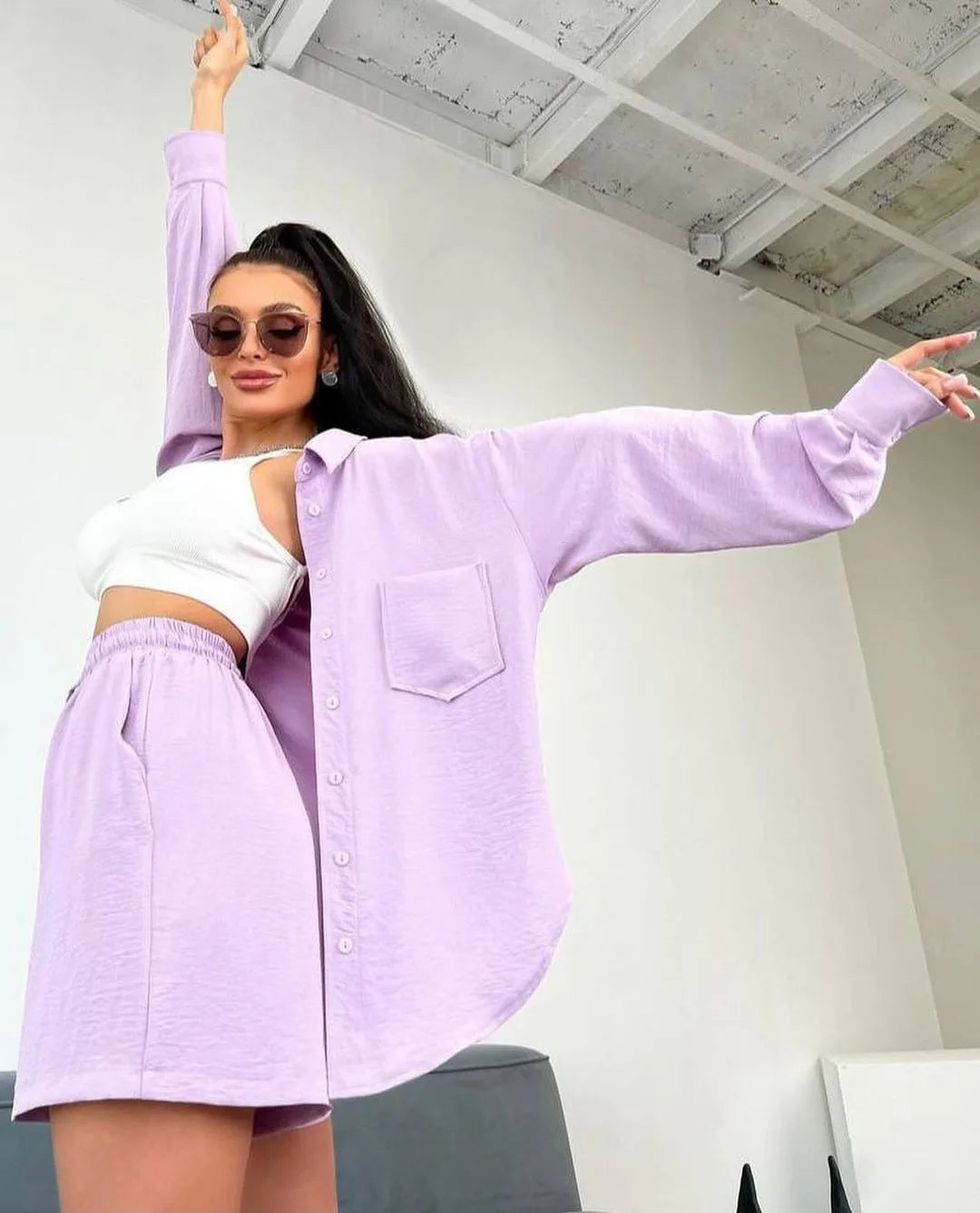 Ensemble short ample et décontracté uni pour femmes