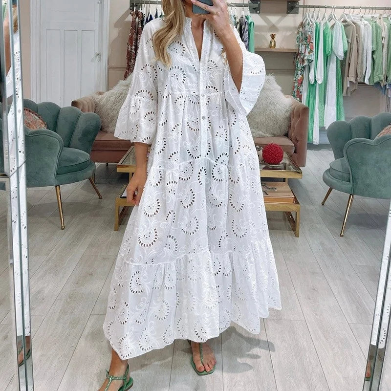 Robe longue en dentelle Jacquard brodée blanche au Crochet pour femmes