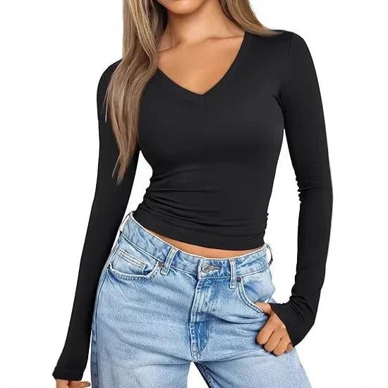 T-shirt décontracté à col en V et manches longues pour femmes