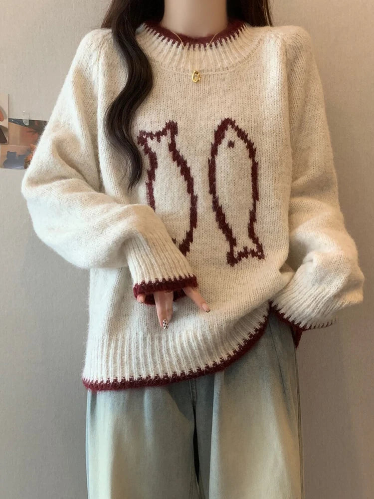 Pulls amples et décontractés à manches longues, en jacquard pour femmes