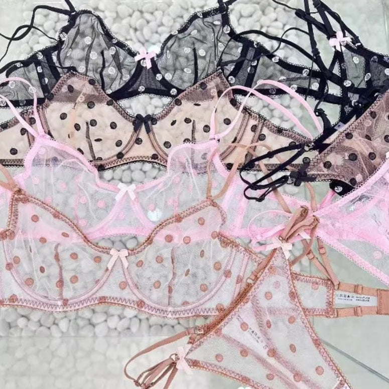 Ensemble de lingeries soutien-gorge sexy en dentelle à pois et résille et string pour femmes