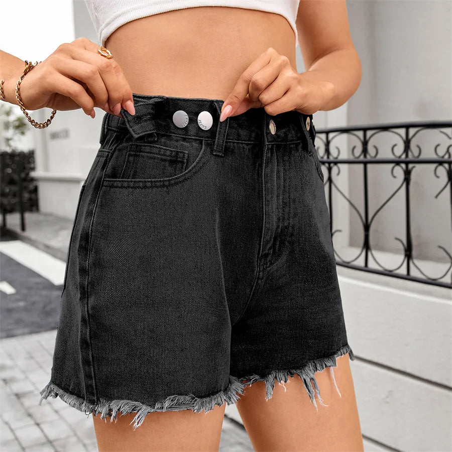 Short en jean décontracté délavé à ourlet frangé pour femmes