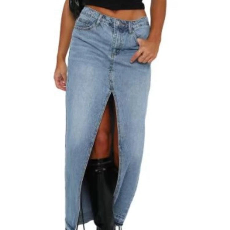 Jupe longues en jean fendue taille haute pour femmes