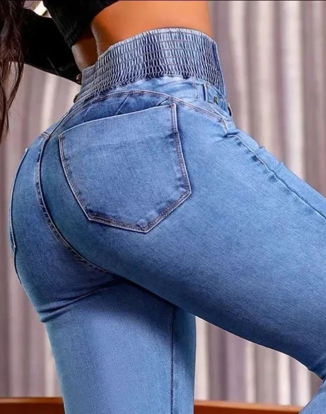 Jean taille haute boutonné devant décontracté pour femmes