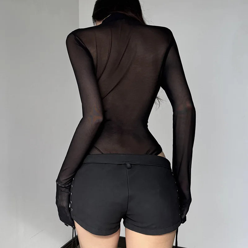 Body noires transparent avec broderies papillon pour femmes